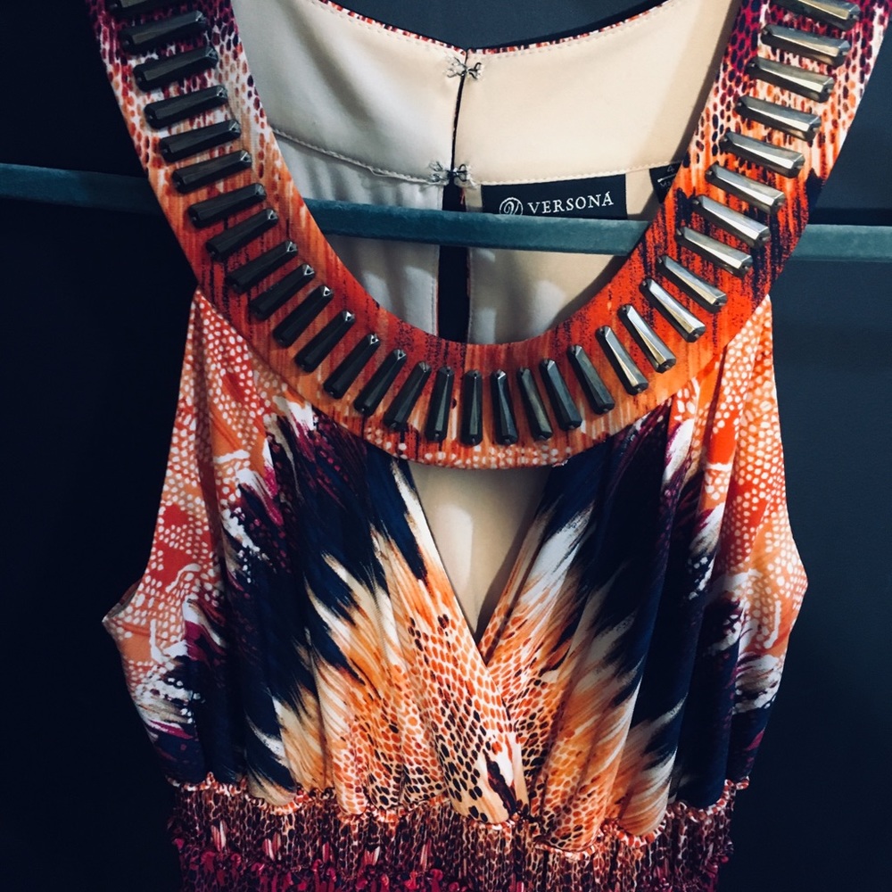 (4) Colorful Maxi dress with decorative neckline